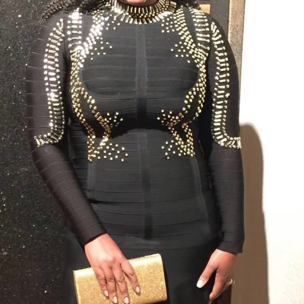 Black and gold bandage dress